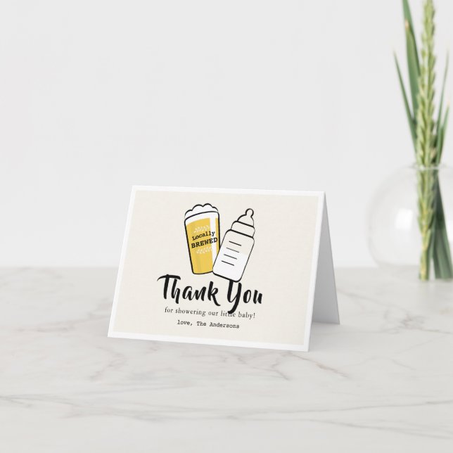 Tarjeta De Agradecimiento Baby is Brewing Beer Baby Bottle Beige Baby Shower (Anverso)