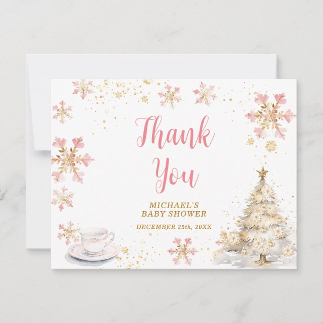 Tarjeta De Agradecimiento Baby Is Brewing Pink Winter Tea Party Baby Shower (Anverso)