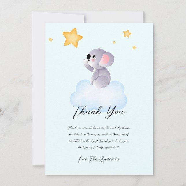 Tarjeta De Agradecimiento Baby Koala Llegando A Star Baby Shower (Anverso)