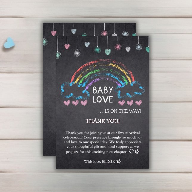Tarjeta De Agradecimiento Baby Love Chalkboard Hearts & Rainbow Baby Shower (Subido por el creador)