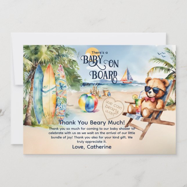 Tarjeta De Agradecimiento Baby On Board Surfboard Teddy Bear Baby Shower (Anverso)