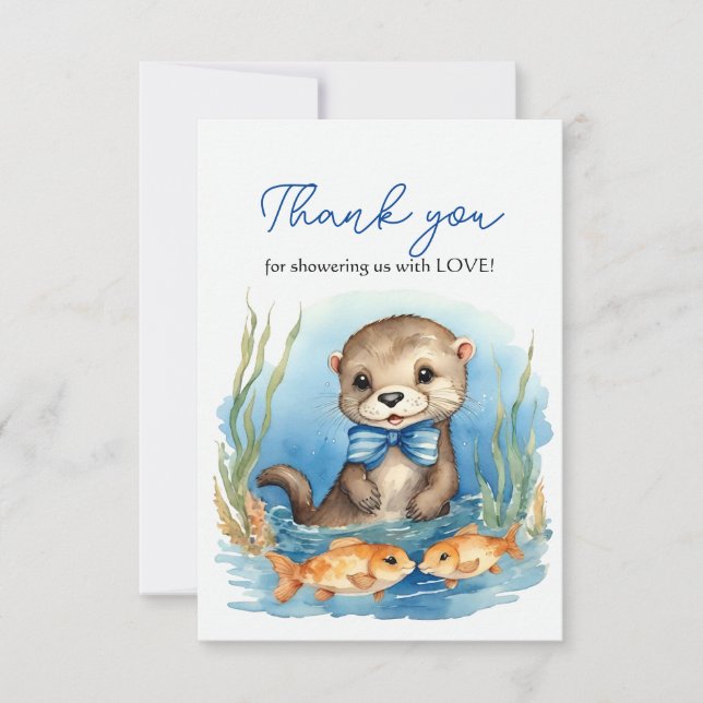 Tarjeta De Agradecimiento Baby Otter Boy Baby Shower Gracias (Anverso)