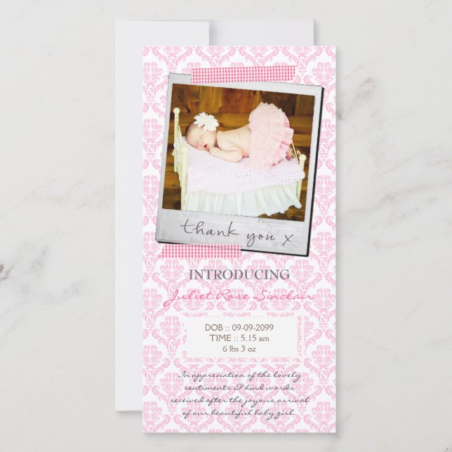 Tarjeta De Agradecimiento Baby Pink Damask Gingham Gracias (Anverso)