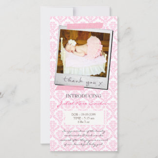 Tarjeta De Agradecimiento Baby Pink Damask Gingham Gracias