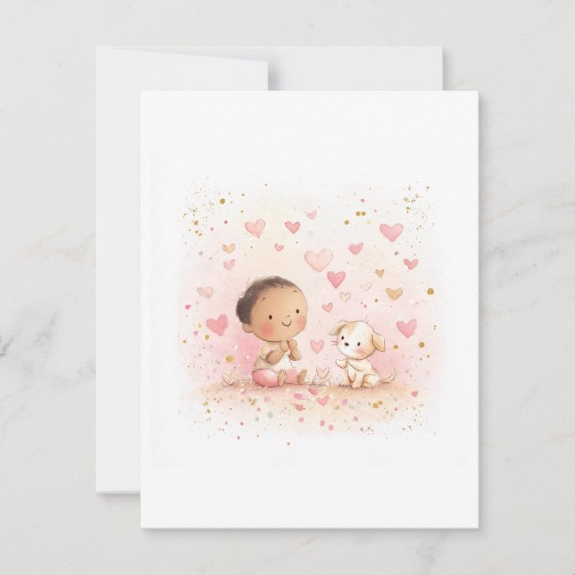 Tarjeta De Agradecimiento Baby & Puppy Valentine’s Postcard | Watercolor (Anverso)