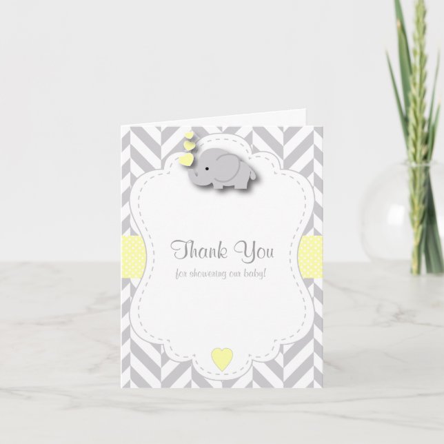 Tarjeta De Agradecimiento Baby Shower Amarillo, Elefante Gris Blanco Gracias (Anverso)