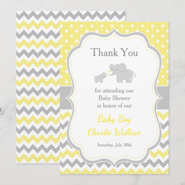 Tarjeta De Agradecimiento Baby Shower amarillo elefante y gris (Anverso / Reverso)
