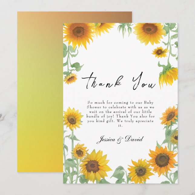 Tarjeta De Agradecimiento Baby Shower amarillo elegante girasol sunny (Anverso / Reverso)