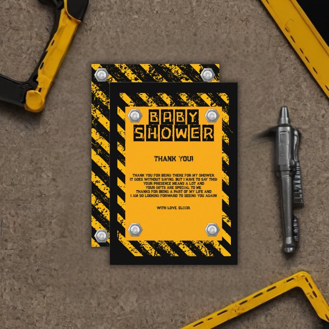 Tarjeta De Agradecimiento Baby Shower amarillo y negro de construcción (Subido por el creador)