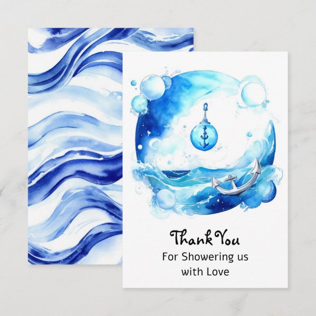 Tarjeta De Agradecimiento Baby Shower Anchored Love Nautical Boy (Anverso / Reverso)