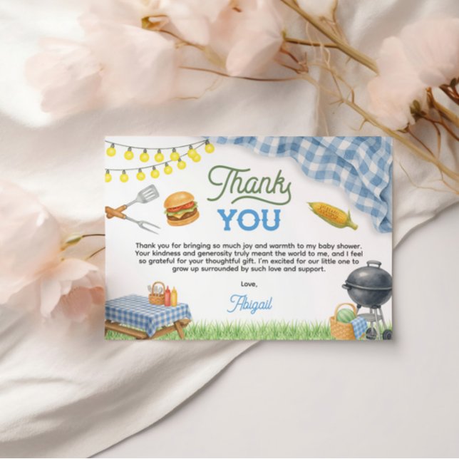 Tarjeta De Agradecimiento Baby Shower Azul de BBQ 13x9 (Blue BBQ Baby Shower 5x3.5 Thank You Card)