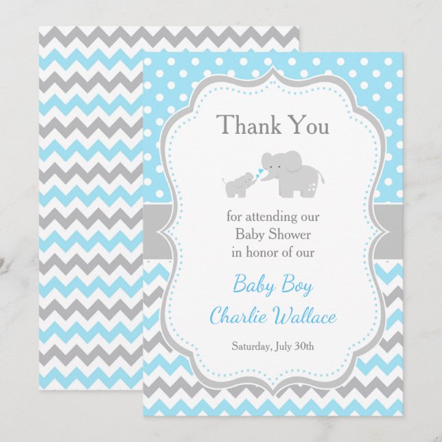 Tarjeta De Agradecimiento Baby Shower azul elefante y gris (Anverso / Reverso)