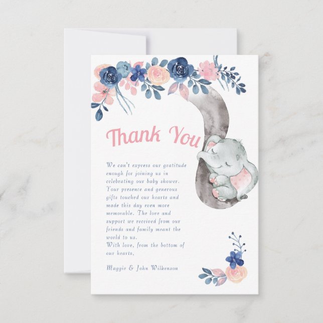Tarjeta De Agradecimiento Baby Shower azul elefante y rosa gracias (Anverso)
