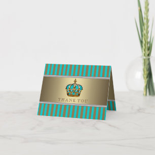Tarjeta De Agradecimiento Baby Shower azul turquesa y príncipe dorado