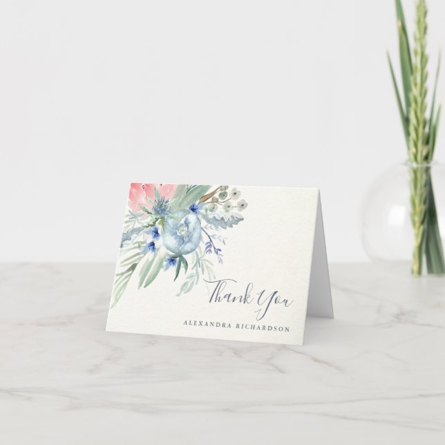 Tarjeta De Agradecimiento Baby Shower azul y rosa peony | Gracias (Anverso)