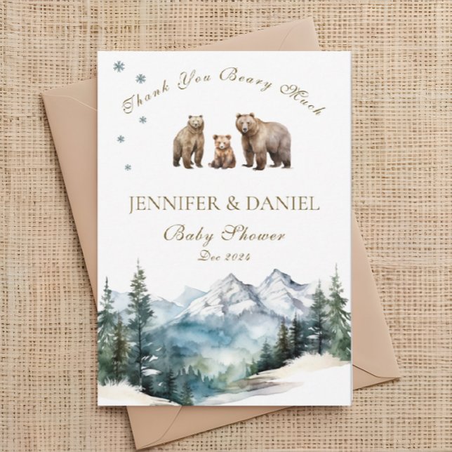 Tarjeta De Agradecimiento Baby Shower Bear Adventure Snowy Mountains (Subido por el creador)