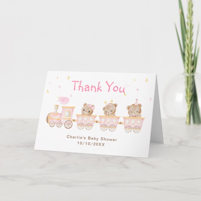 Tarjeta De Agradecimiento Baby Shower Bear Pink Train Gracias (Anverso)