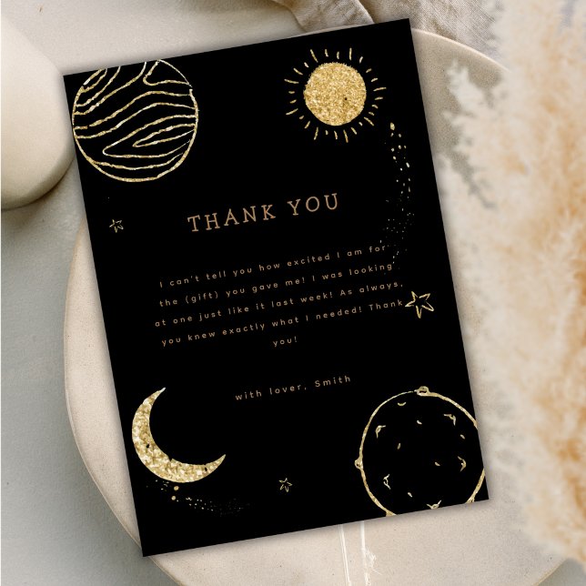 Tarjeta De Agradecimiento Baby Shower Black Gold Outer Space Moon Star Boy (Black Gold Outer Space Moon Star Boy Baby Shower Thank You Card)
