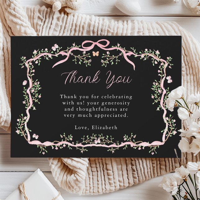 Tarjeta De Agradecimiento Baby Shower Black Pink Spring Garden (Subido por el creador)