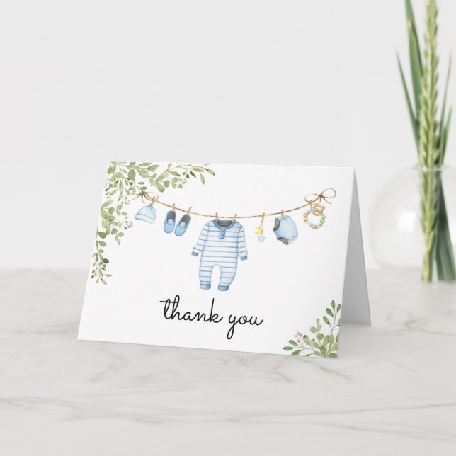Tarjeta De Agradecimiento Baby Shower Blue Baby Clothes (Anverso)
