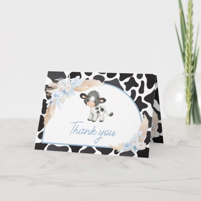 Tarjeta De Agradecimiento Baby Shower Blue Boho Highland Cow (Anverso)