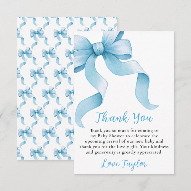 Tarjeta De Agradecimiento Baby Shower Blue Coquette Bow (Anverso / Reverso)