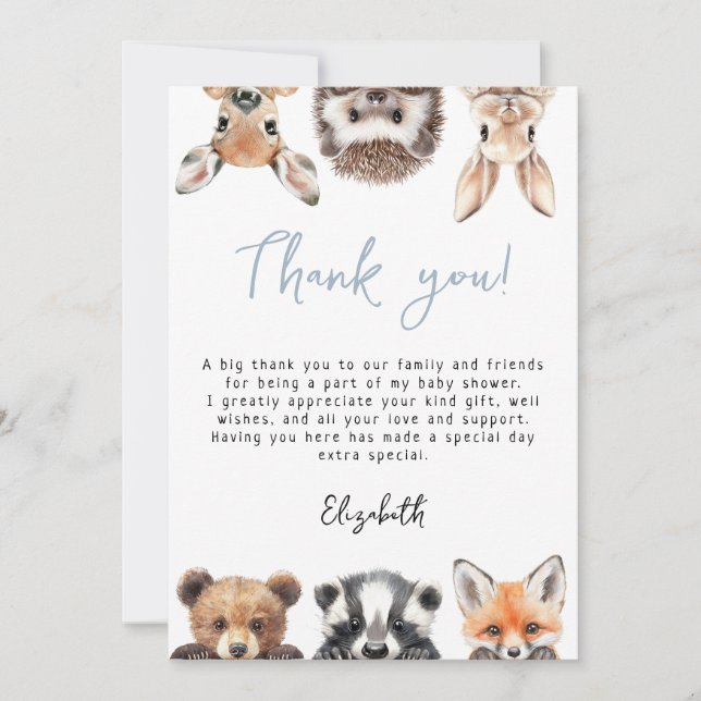 Tarjeta De Agradecimiento Baby Shower Blue Cute Woodland Forest Animals (Anverso)