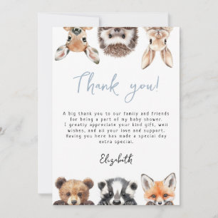 Tarjeta De Agradecimiento Baby Shower Blue Cute Woodland Forest Animals