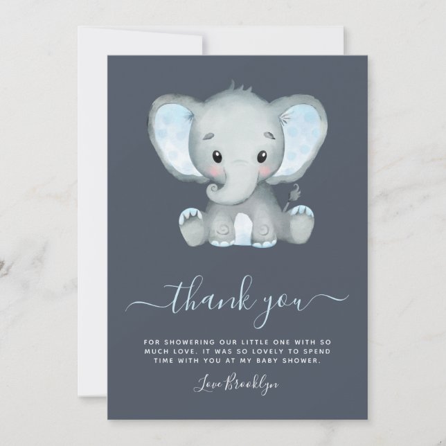 Tarjeta De Agradecimiento Baby Shower Blue Elephant Boy (Anverso)
