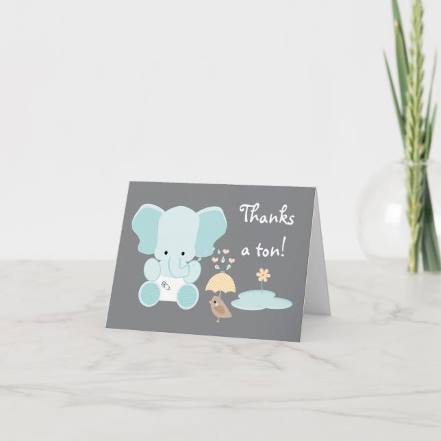 Tarjeta De Agradecimiento Baby Shower Blue Elephant Diaper Gracias (Anverso)
