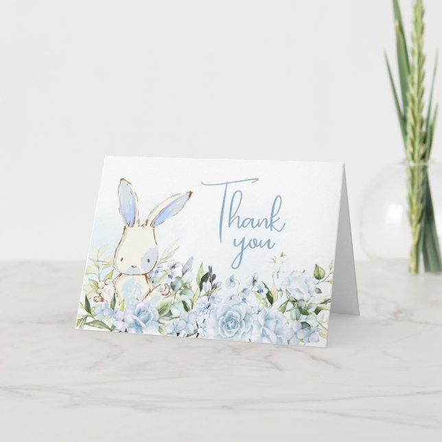Tarjeta De Agradecimiento Baby Shower Blue Floral Bunny Rabbit (Anverso)