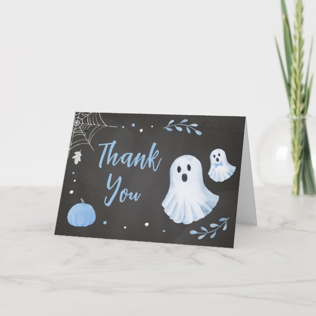 Tarjeta De Agradecimiento Baby Shower Blue Ghost Halloween (Anverso)