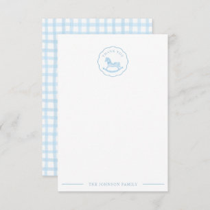 Tarjeta De Agradecimiento Baby Shower Blue Gingham Cute Rocse Horse
