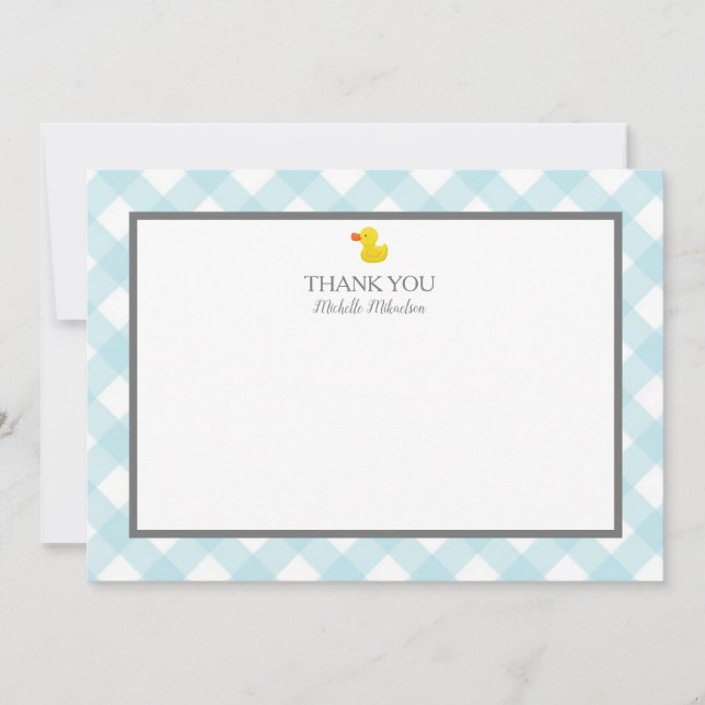 Tarjeta De Agradecimiento Baby Shower Blue Gingham Rubber Duckie (Anverso)