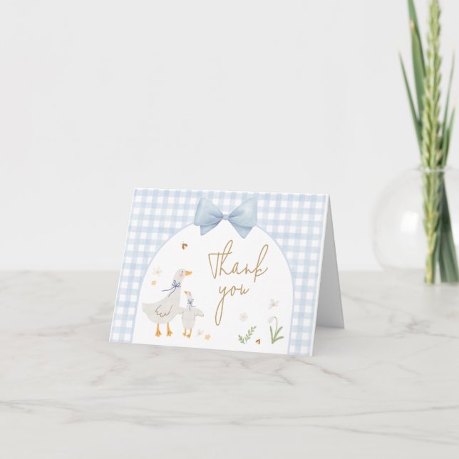 Tarjeta De Agradecimiento Baby Shower Blue Gingham Silly Goose (Anverso)