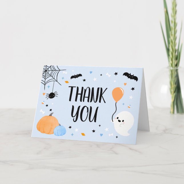 Tarjeta De Agradecimiento Baby Shower Blue Halloween Little Boo (Anverso)