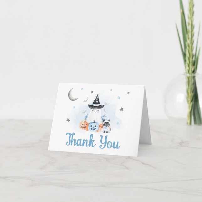 Tarjeta De Agradecimiento Baby Shower Blue Halloween Little Boo (Anverso)