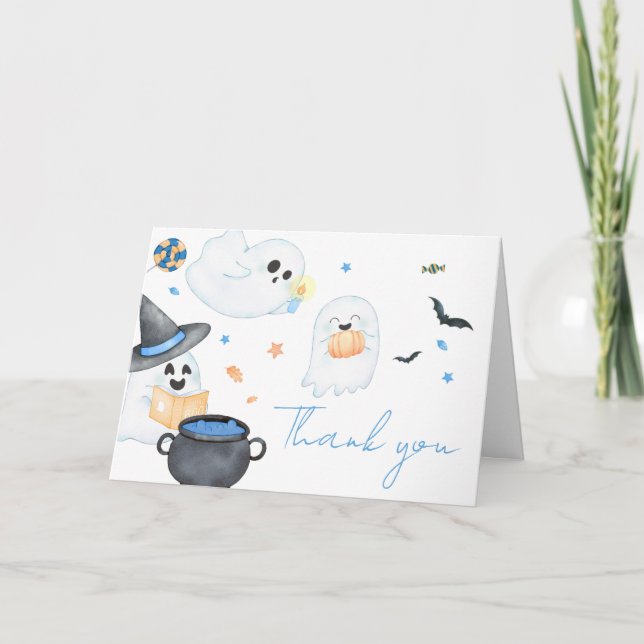 Tarjeta De Agradecimiento Baby Shower Blue Little Boo Halloween (Anverso)