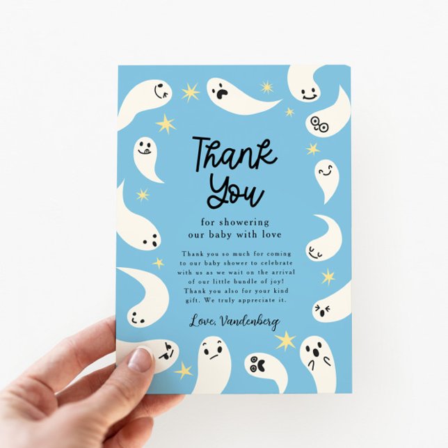 Tarjeta De Agradecimiento Baby Shower Blue Little Boo Halloween (Subido por el creador)