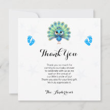 Tarjeta de agradecimiento Baby Shower Blue Peacock