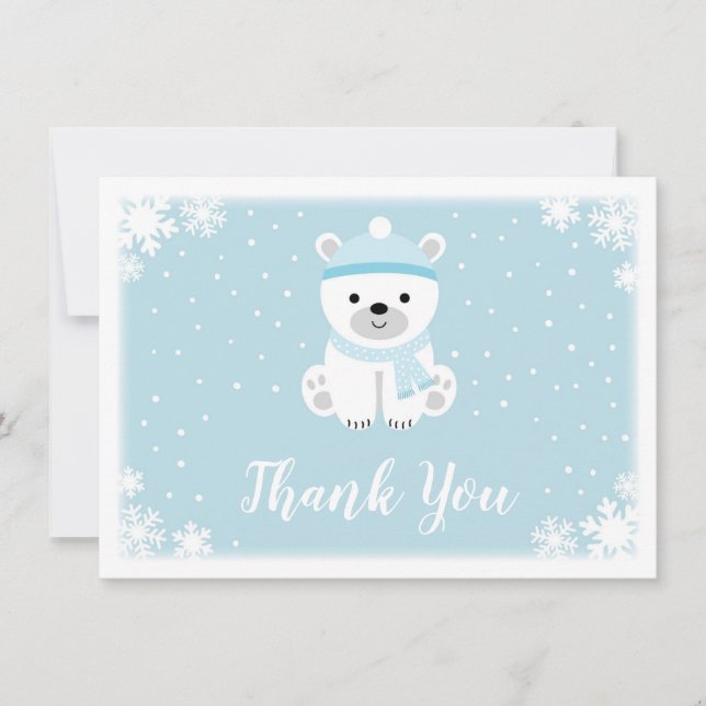 Tarjeta De Agradecimiento Baby Shower Blue Polar Bear Gracias (Anverso)