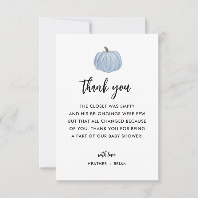 Tarjeta De Agradecimiento Baby Shower Blue Pumpkin Boy (Anverso)