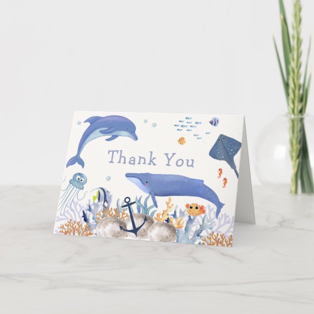 Tarjeta De Agradecimiento Baby Shower Blue Rustic Ocean Dolphin Whale Boy (Anverso)