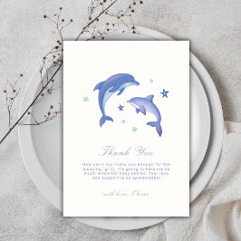 Tarjeta De Agradecimiento Baby Shower Blue Simple Summer Dolphin Stars