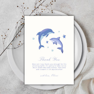 Tarjeta De Agradecimiento Baby Shower Blue Simple Summer Dolphin Stars