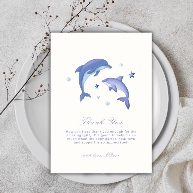 Tarjeta De Agradecimiento Baby Shower Blue Simple Summer Dolphin Stars (Blue Simple Summer Dolphin Stars Baby Shower Thank You Card)