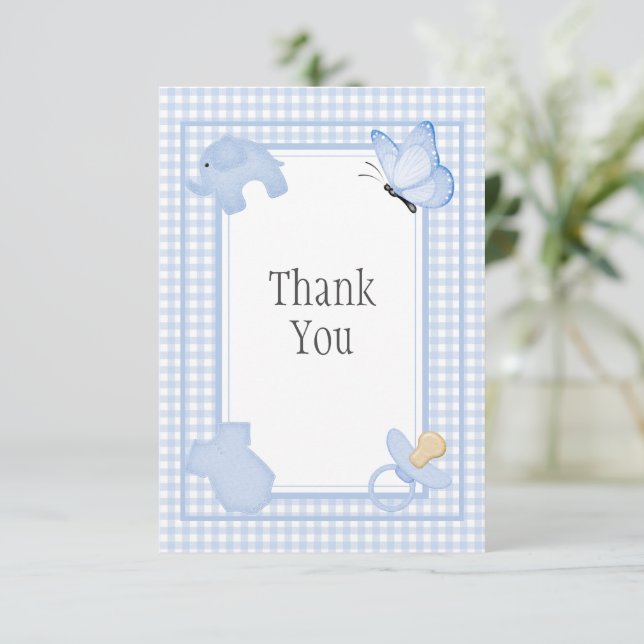 Tarjeta De Agradecimiento Baby Shower Blue White Gingham (Anverso de pie)