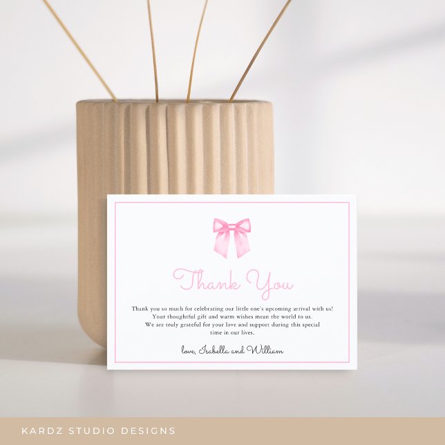 Tarjeta De Agradecimiento Baby Shower Bow rosa simple y elegante (Card shown in 3.5 x 5 inches, personalize and choose paper style before checkout.)