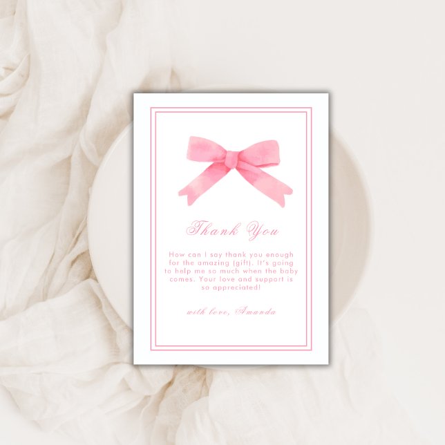 Tarjeta De Agradecimiento Baby Shower Chica de barrido rosado (Pink Cute Bow Girl Baby Shower Thank You Card)