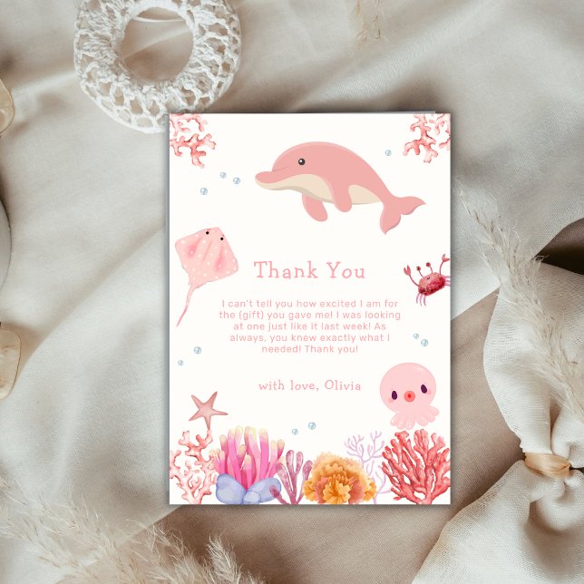 Tarjeta De Agradecimiento Baby Shower Chica de delfines oceánicos rosados (Pink Cute Ocean Dolphin Girl Baby Shower Thank You Card)